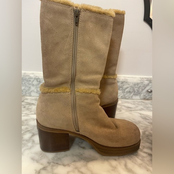 Vintage 90s Skechers 8 Suede Fur Trim Tan Grey Chunky Heel Bratz Platform Boots - Picture 6 of 10